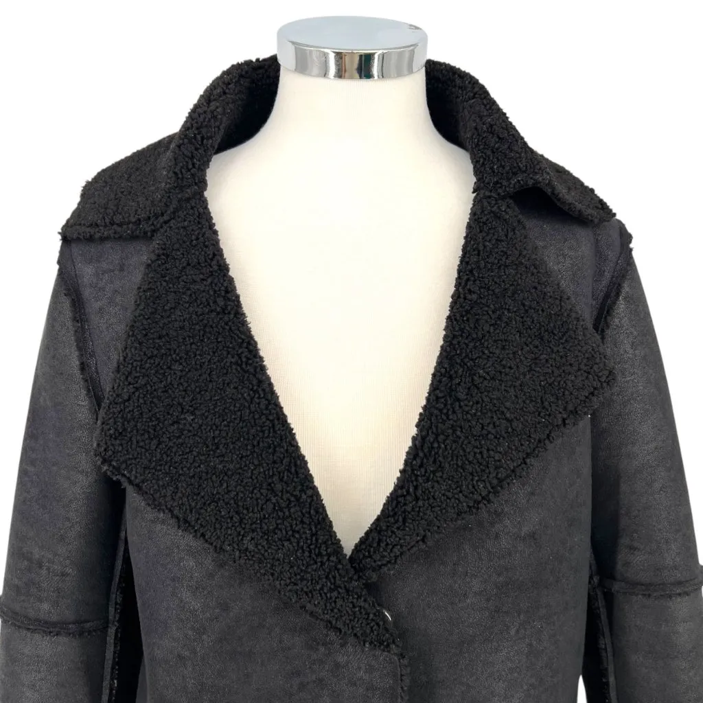 Velvet Faux Suede Sherpa Cozy Warm Jacket Notch Collar Black Size Large - Image 2