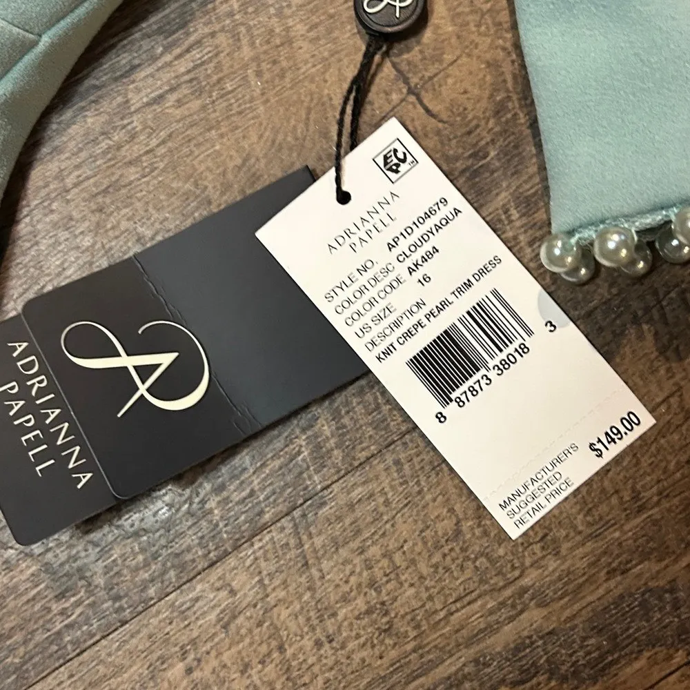 New Adrianna Papell Plus Faux‎ Pearl Embellished Crepe Sheath Dress Size 16 Aqua - Image 8