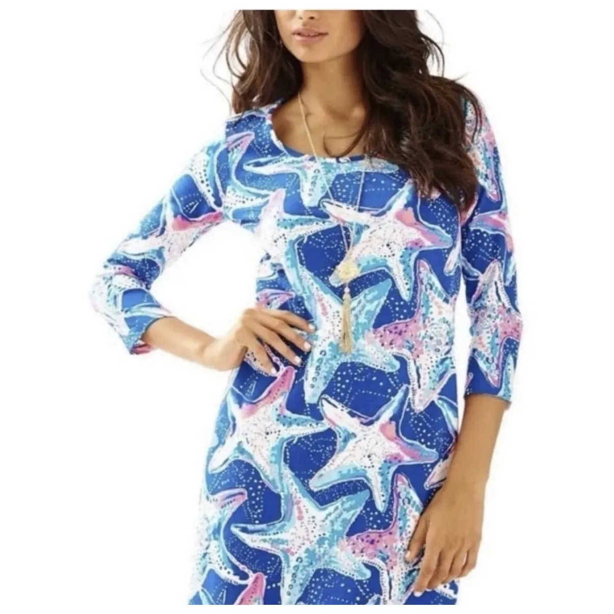 Lilly Pulitzer Cotton Beacon Dress Indigo Star Struck Blue Pink Starfish Small - Image 2