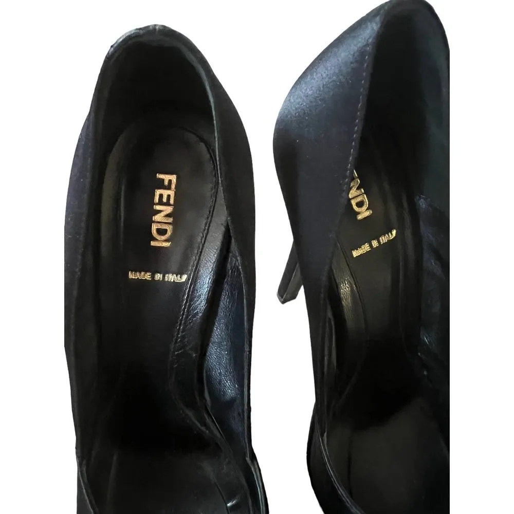 Fendi Black Satin Peep-Toe Deco Platform Pump Heel Size 7 - Image 5