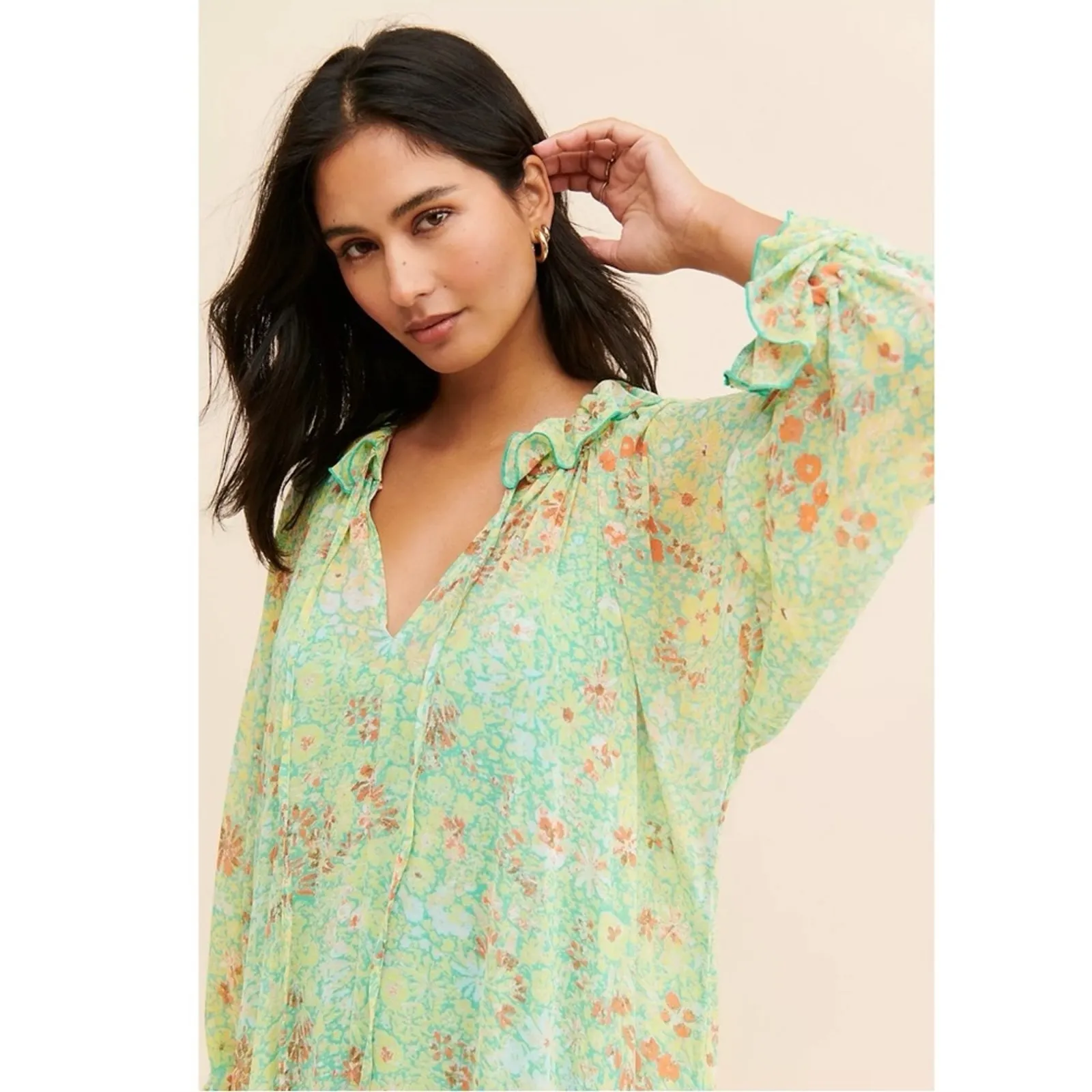 Free People Feeling Groovy Maxi Dress Size XL 70s Chartreuse Floral Bohemian - Image 4