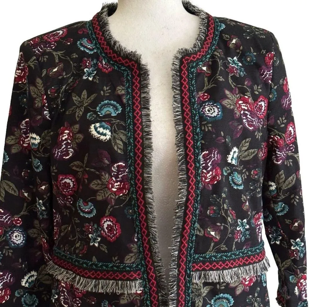 Loft Outlet Black Floral Fringe Embroidered 3/4 Sleeve Open Front Blazer Size 8 - Image 3