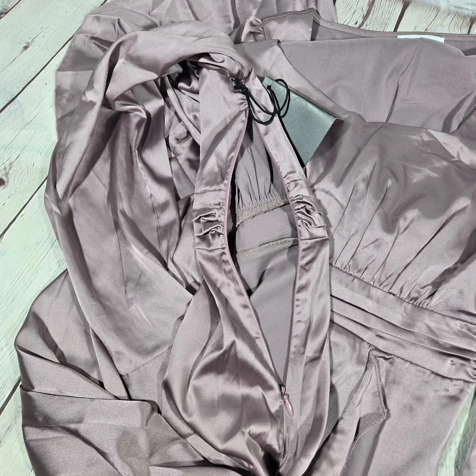 AREA STARS‎ Lavender Satin Ruffle Slit Long Dress Square Neck Long Sleeve S Purple - Image 6