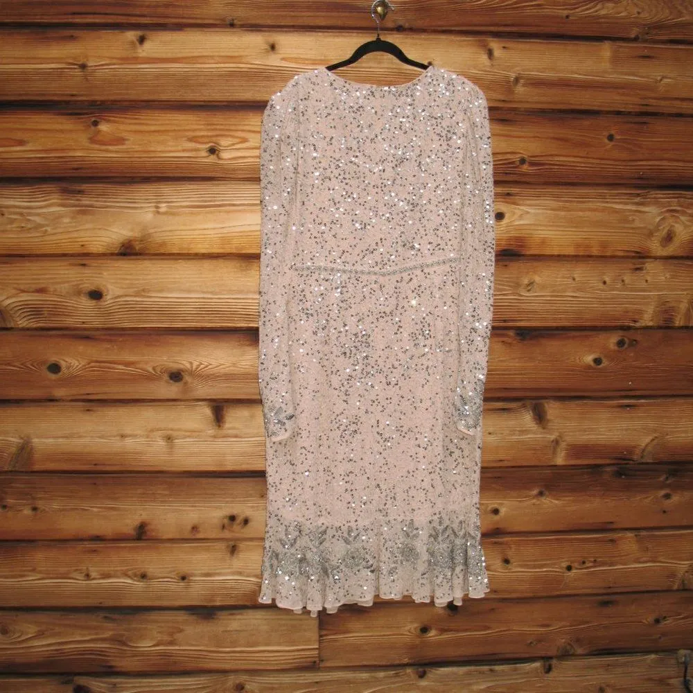 NWOT Mac Duggal Sequin Embellished Nude Silver Faux Wrap Dress FLAW - Image 6