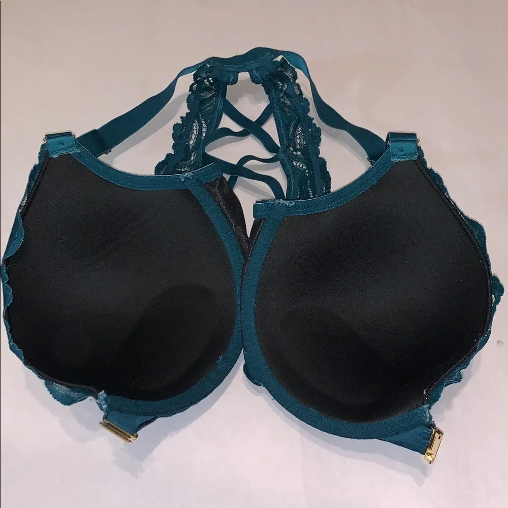 Cacique Boost Plunge Dark Teal Blue Lace Bra RacerBack Underwire Strappy 38DDD - Image 6