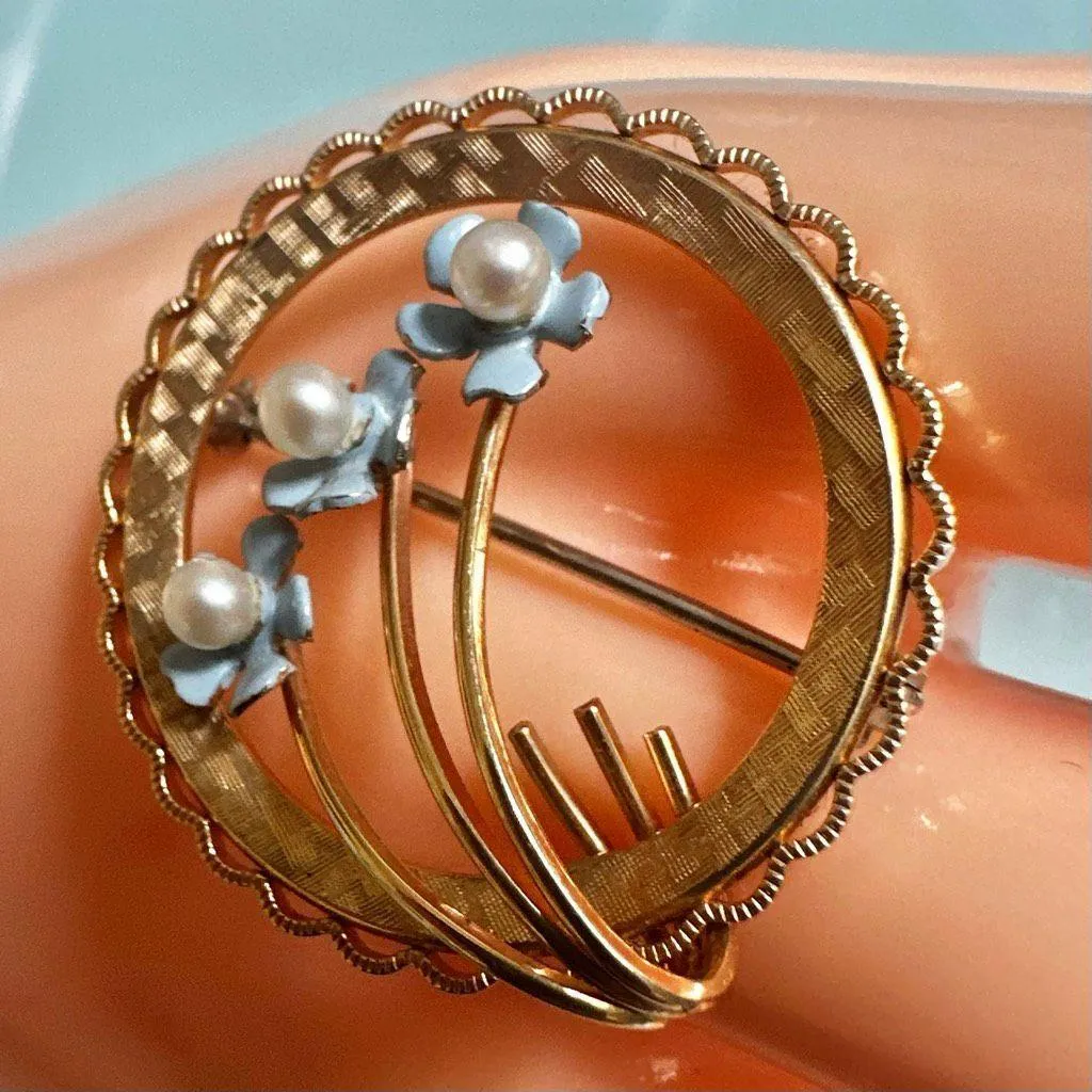 Krementz Vintage Blue Flower Enamel & Pearl Brooch - Image 3