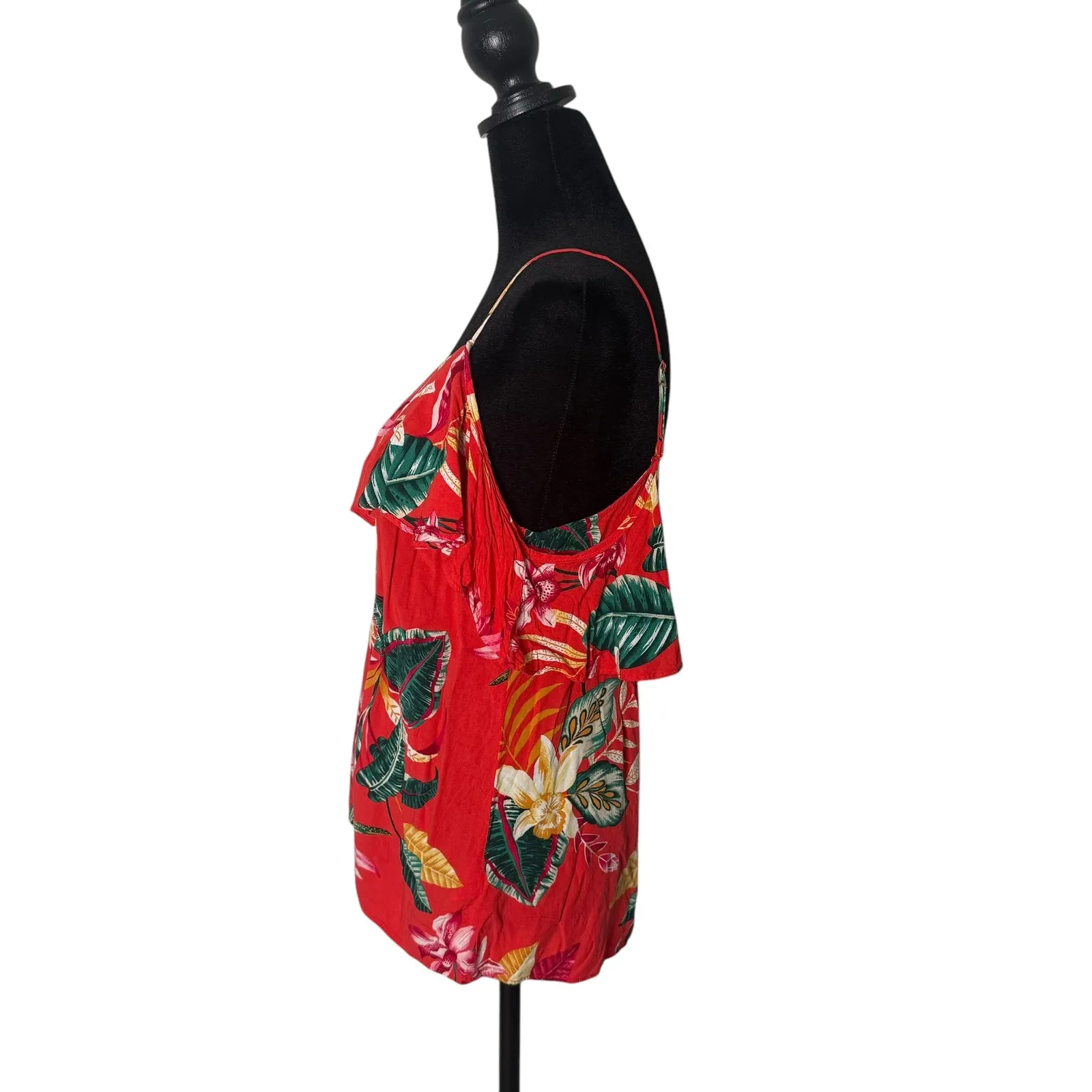 Old Navy Cold Shoulder Top Red Tropical Floral Ruffle Size S‎ Hawaiian Dopamine - Image 2