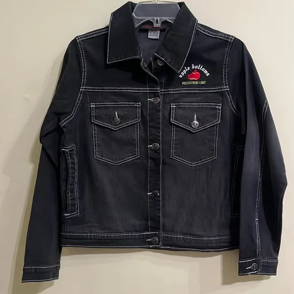 Juniors Jean Jacket Black Rinsed Distressed Stretch Crop Denim 7/8 - Image 1