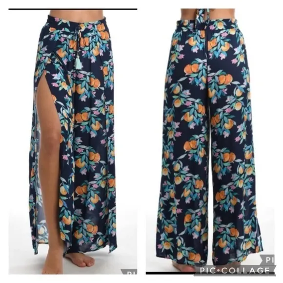 NWT La Blanca Palazzo Pants Blue Floral Front Slit Wide Leg Blue XS Pool Resort - Image 2
