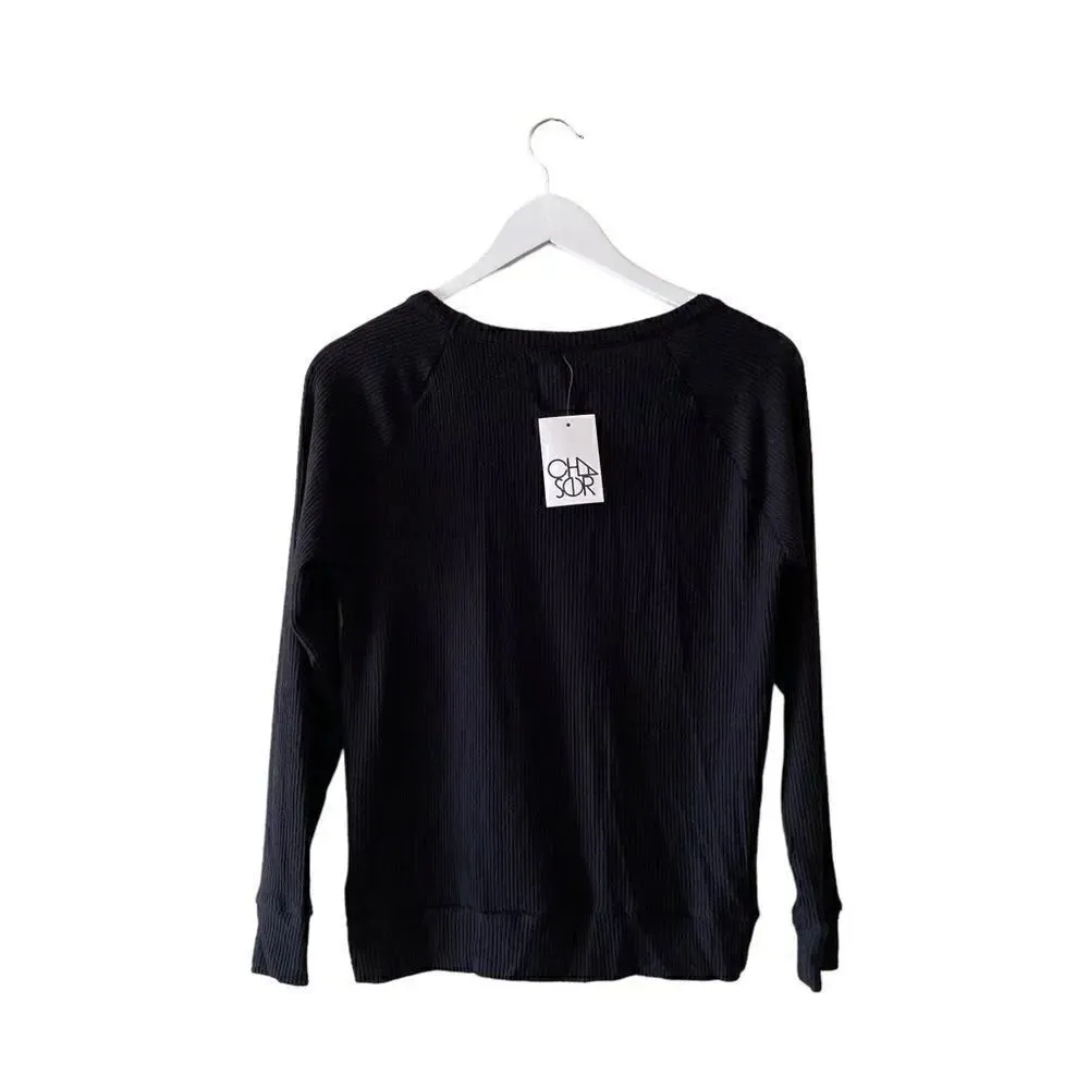 Chaser Revolve Jet Black SCOOP NECK RAGLAN RIB PULLOVER Long Sleeves SZ M - Image 9