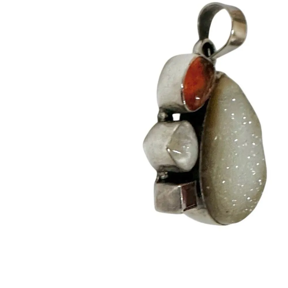 Sterling silver vintage druzy moonstone amber and garnet pendant - Image 5