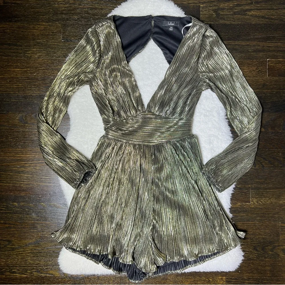 Lulu’s Plisse and Thank You Gold Pleated Long Sleeve Backless Romper - Image 4