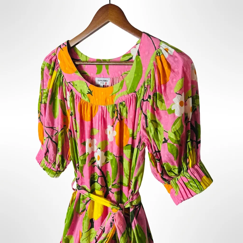 Olivia James Pink Green Floral Cotton Tie Waist Dress Small - Image 4