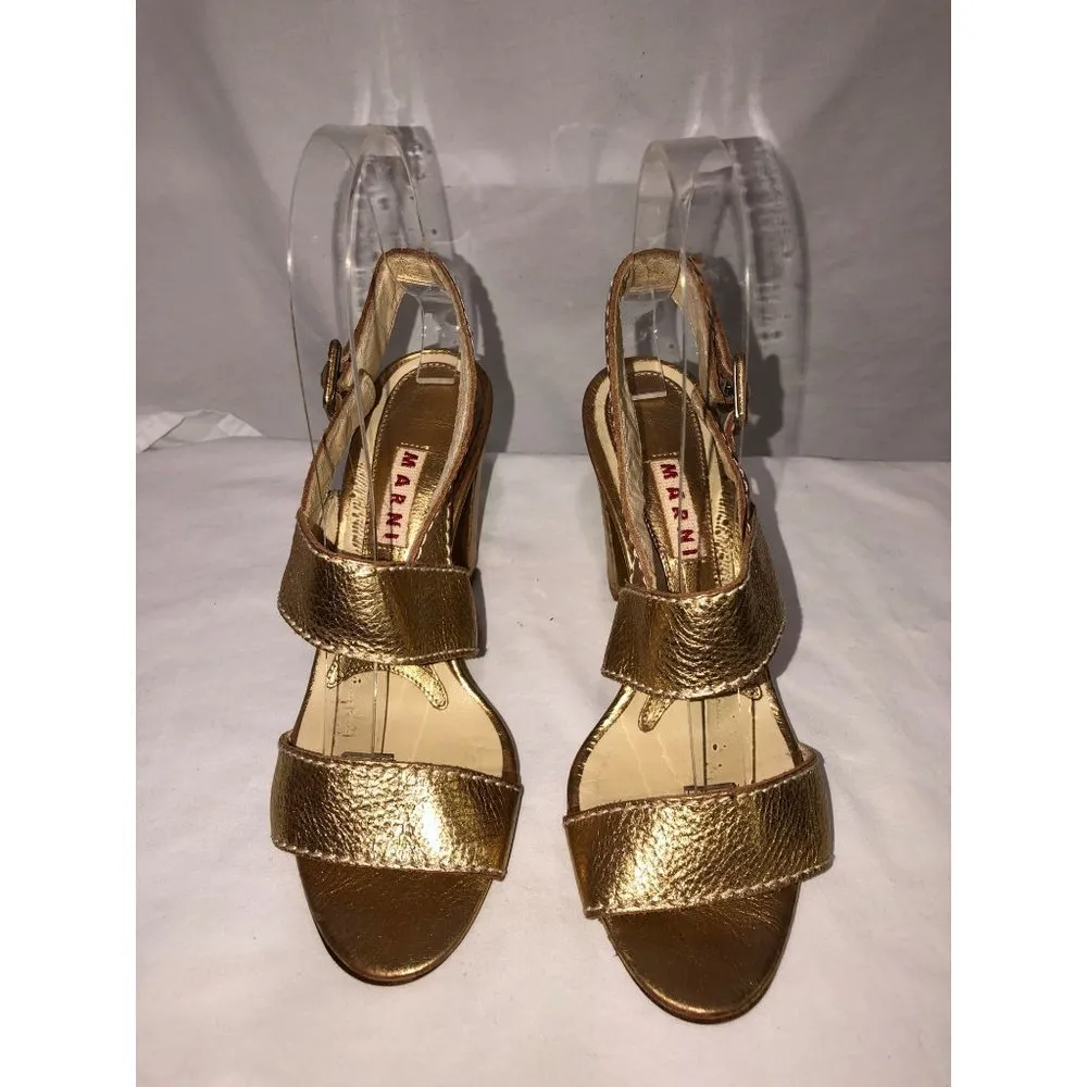 Marni Size 35 EU 5 US Gold Strappy Leather Sandals 3.5" Chunky Heel Italy - Image 3