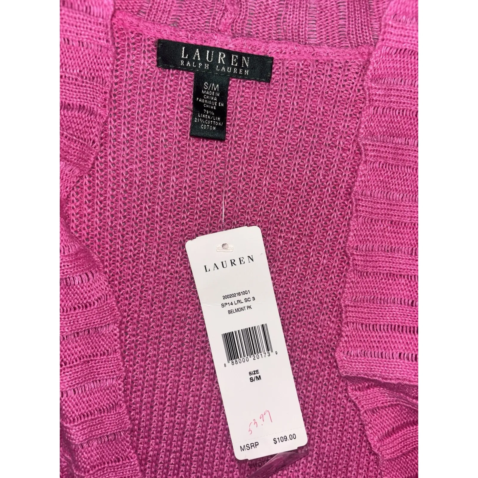 Lauren Ralph Lauren Sweater Womens S/M Pink Linen Cotton Shrug Crop Cardigan - Image 5