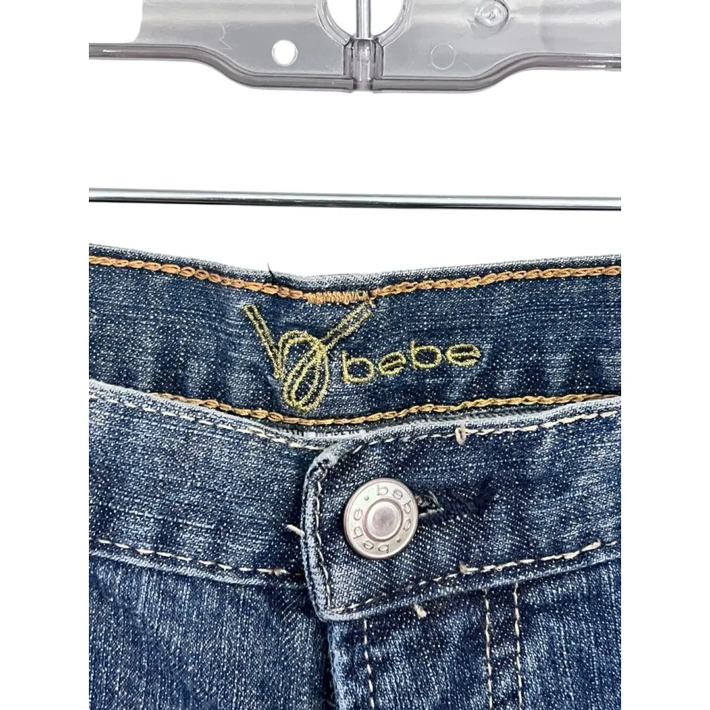 Bebe Vintage Y2K Patchwork Embroidered Bling Denim Blue Jeans Size 31 Bootcut - Image 5