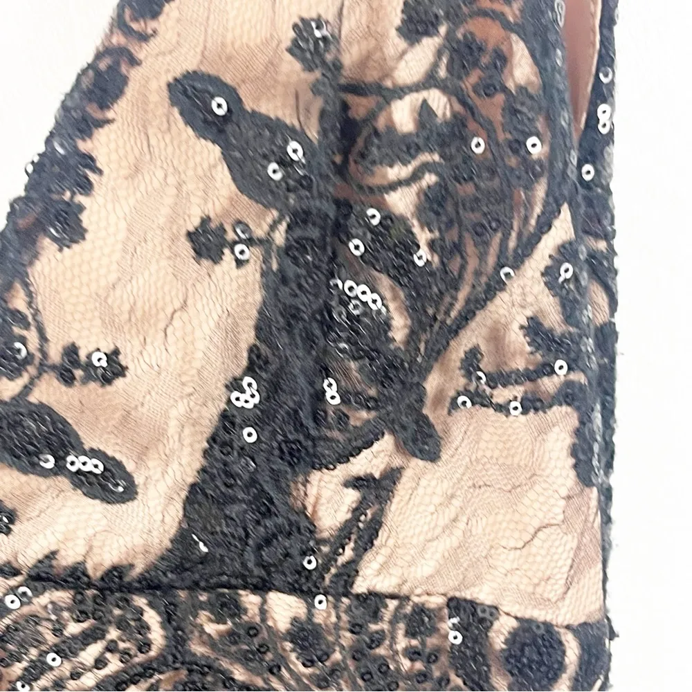 FREE PEOPLE Night Shimmer Black V-Neck Lace Sequin Overlay  Mini Dress, Size 6 - Image 4