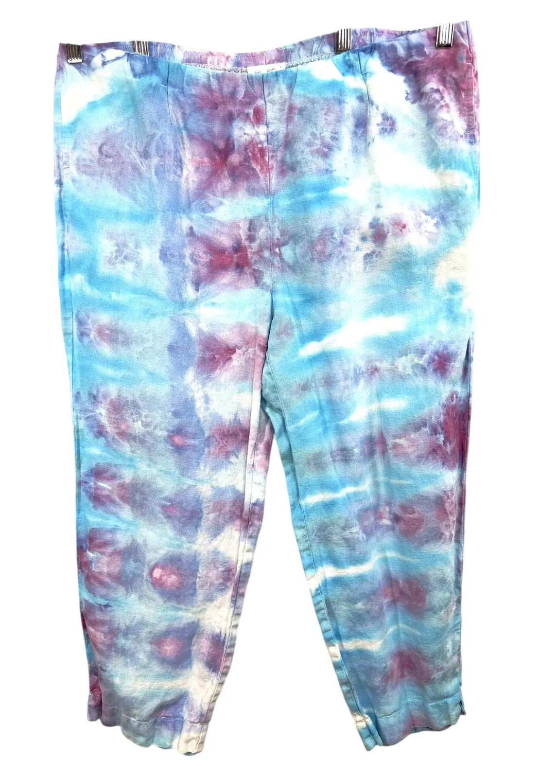 Pure Jill Medium Linen Pants Handmade Tie Dye Blue Purple Cropped Pull On 221 - Image 1