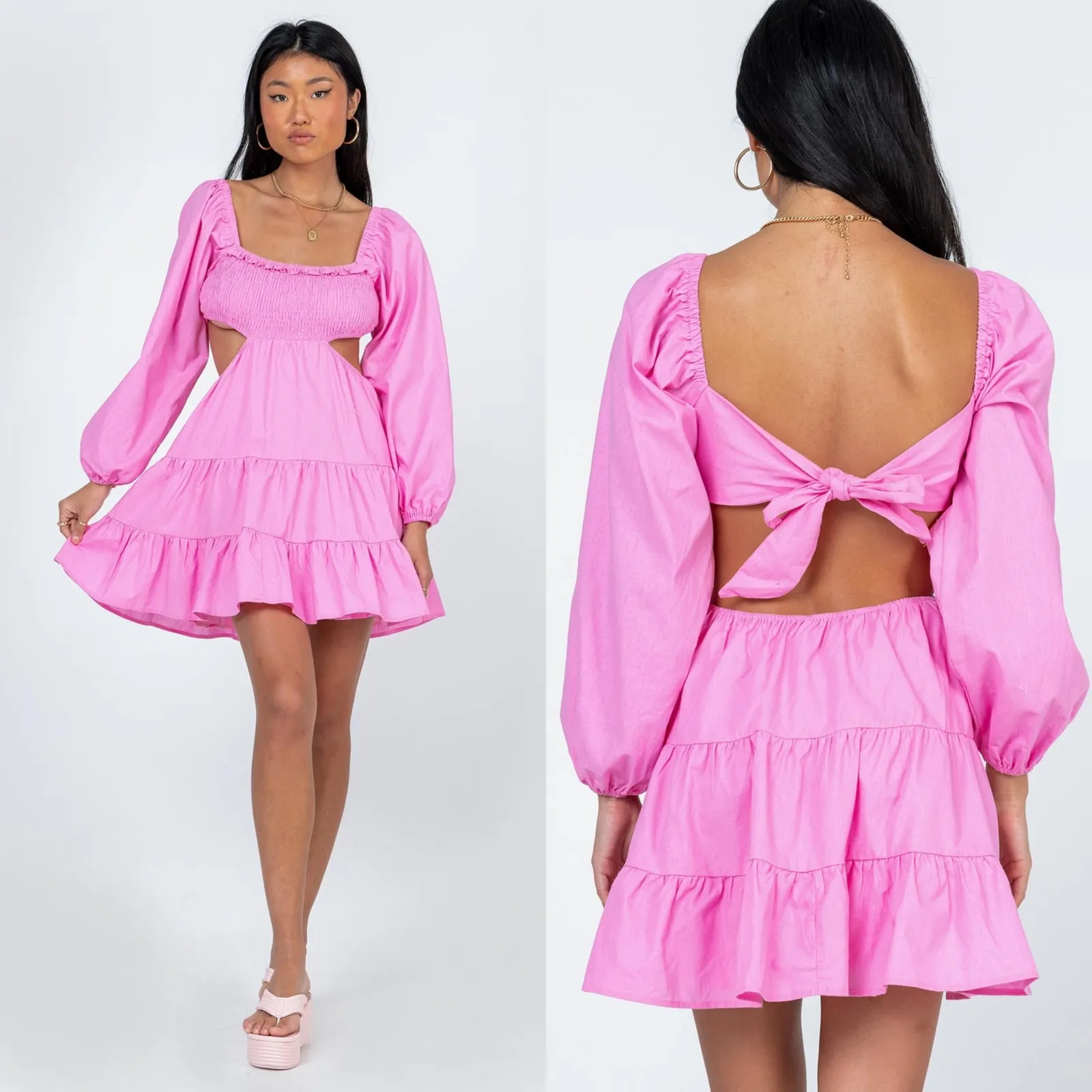 Princess Polly Pink Mini Dress Long Sleeve Cut Out Back Tie Tiered US 2 - Image 2