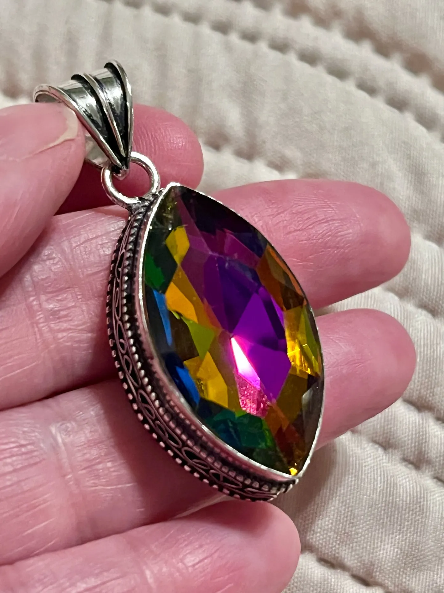 Stunning Rainbow Fire Mystic Topaz Silver 2” Pendant - Image 2