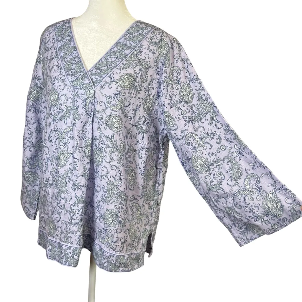J. Jill Love Linen Purple Paisley Boho Popover Blouse Border Print Boxy Sz Med - Image 7