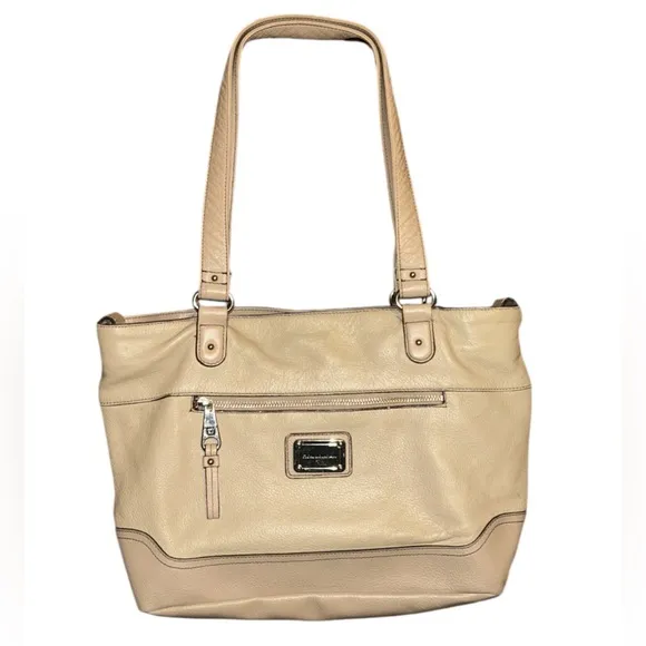 Stone Mountain Genuine Beige Leather Shoulder Bag with Black Accents Authentic - Image 1