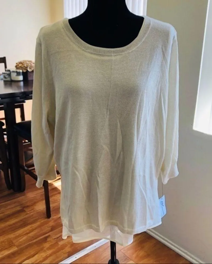 NY Collection Ivory Solid Sweatshirt Metallic sz L - Image 2