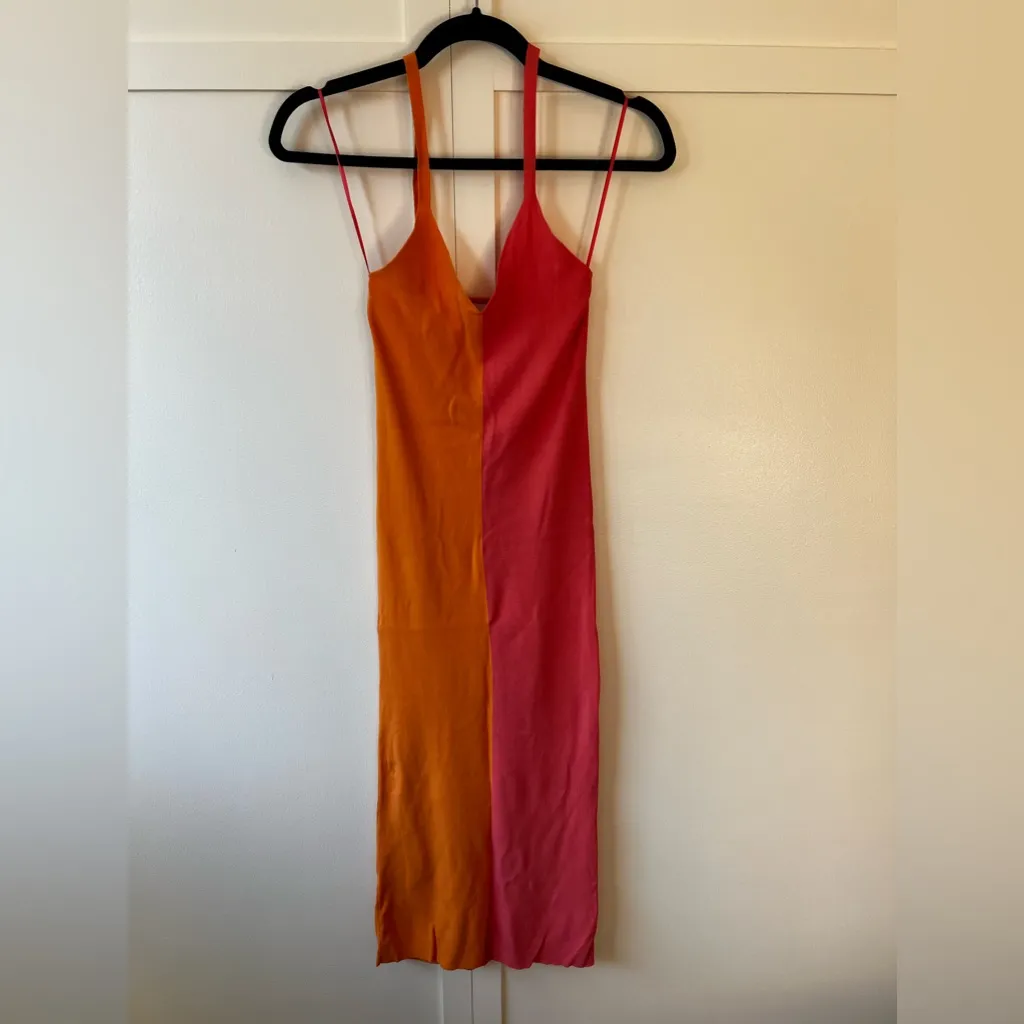 Zara Colorblock Midi Orange & Pink Halter‎ Dress Size Small - Image 2