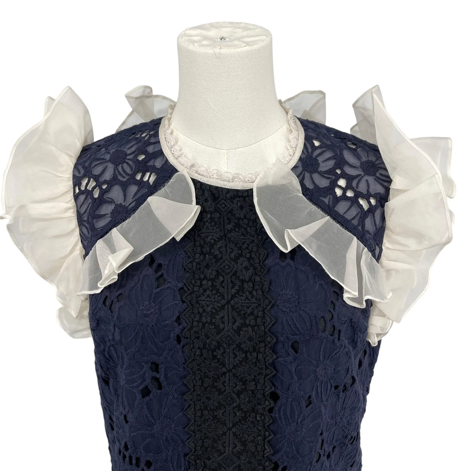 Rebecca Taylor Women's High Neck Ruffle Lace Dress Size 6 Navy Ivory OOAK - Image 15