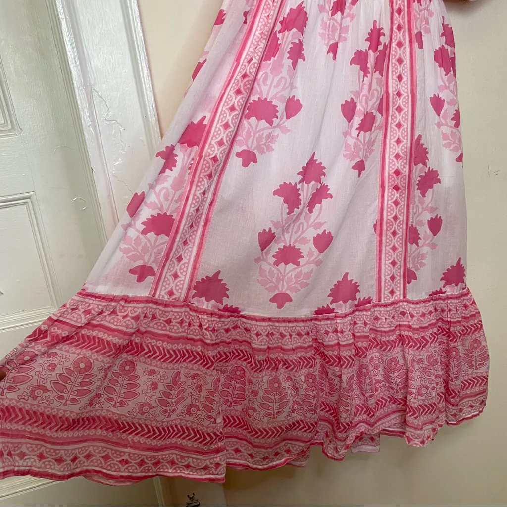 OLIPHANT Floral Block Print Puff Sleeve Midi Dress Jaipur Pink/White Small READ White - Image 8