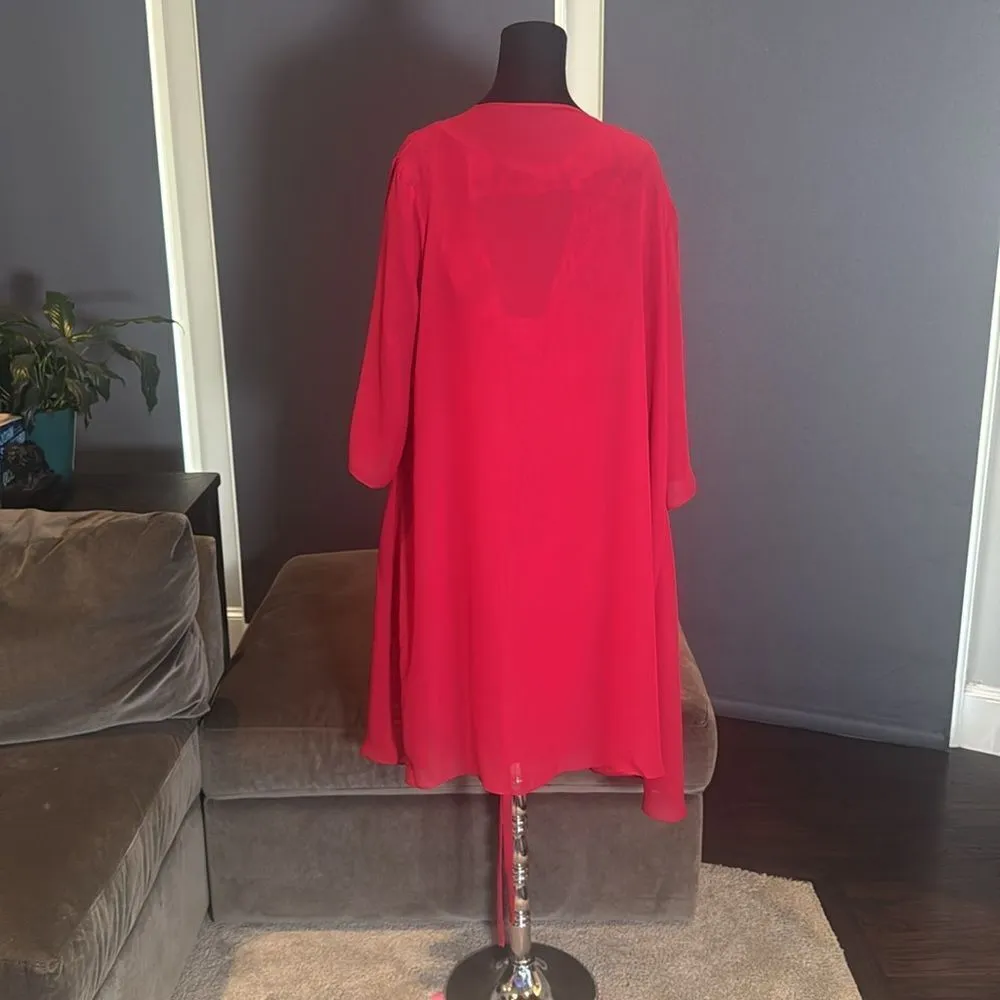 Women’s Red Tea Length Lace Appliqué Dress & Matching Chiffon Jacket Size 16 - Image 4