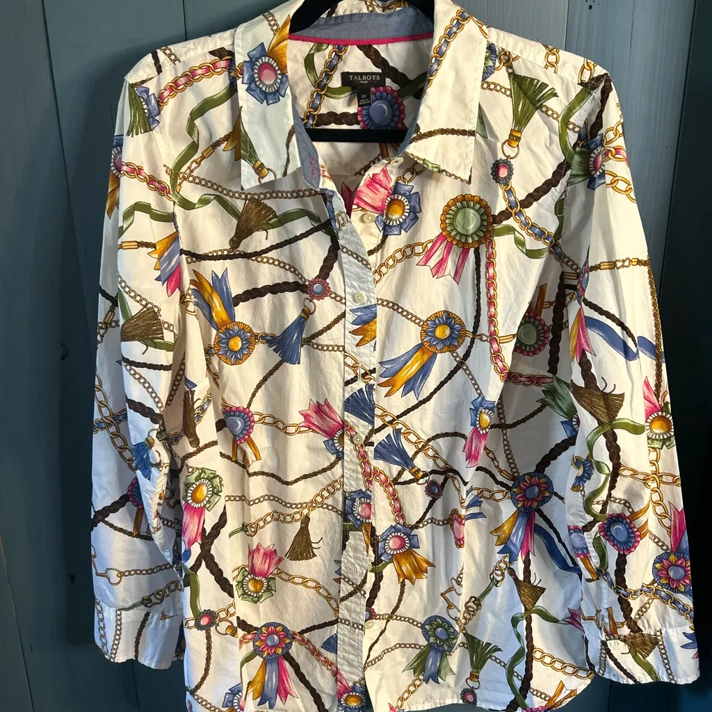 Talbots White Multicolor Chain Print Button Down Shirt | Size 1x - Image 4