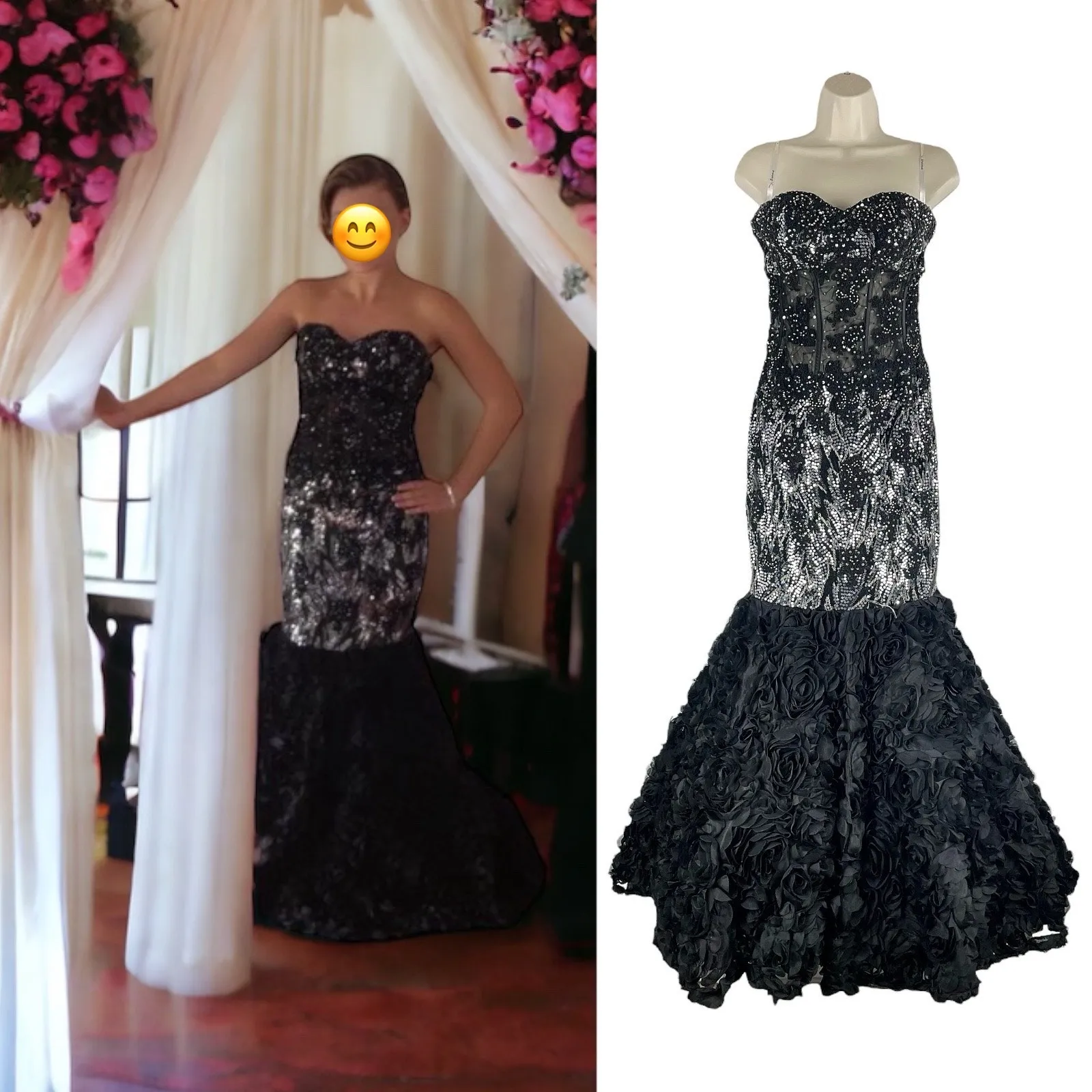 Xtreme Strapless Lace Sequin Mermaid Evening Gown 3D Floral Petal Size 6 Black - Image 2