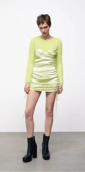 NWT Zara Gathered Ruched Satin Effect Mini Dress in Lime Green XS Bloggers Fave - Image 2