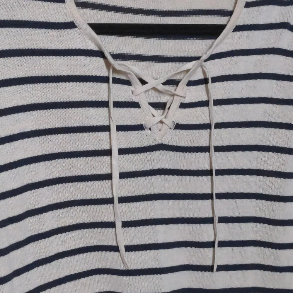 J. Jill Striped Lace Up Lightweight Sweater in Cream and Navy – Size M – EUC - Image 2