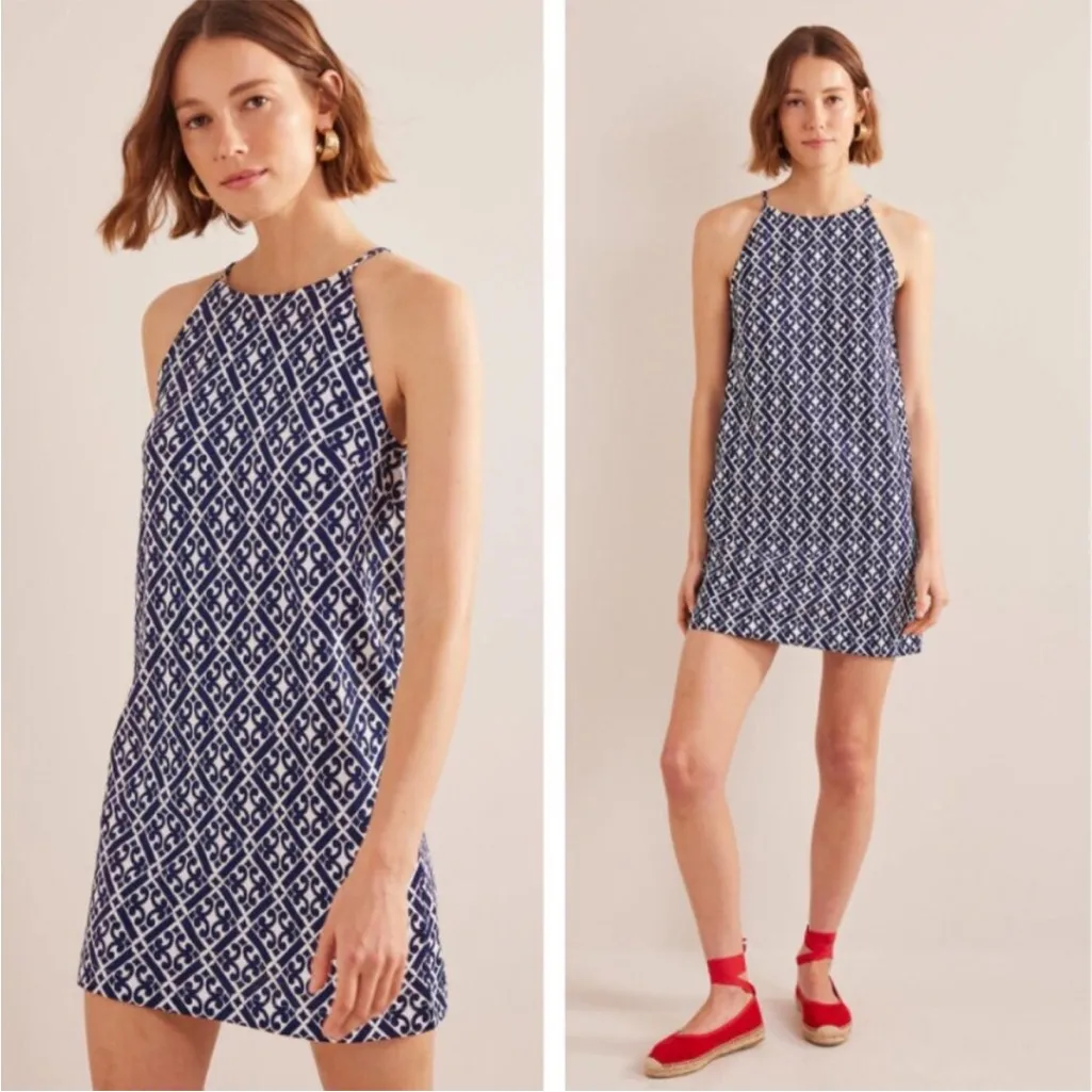 Boden Racer Neck Cotton Jersey Mini Dress Blue Tranquil Geometric Nautical Size 10 - Image 2