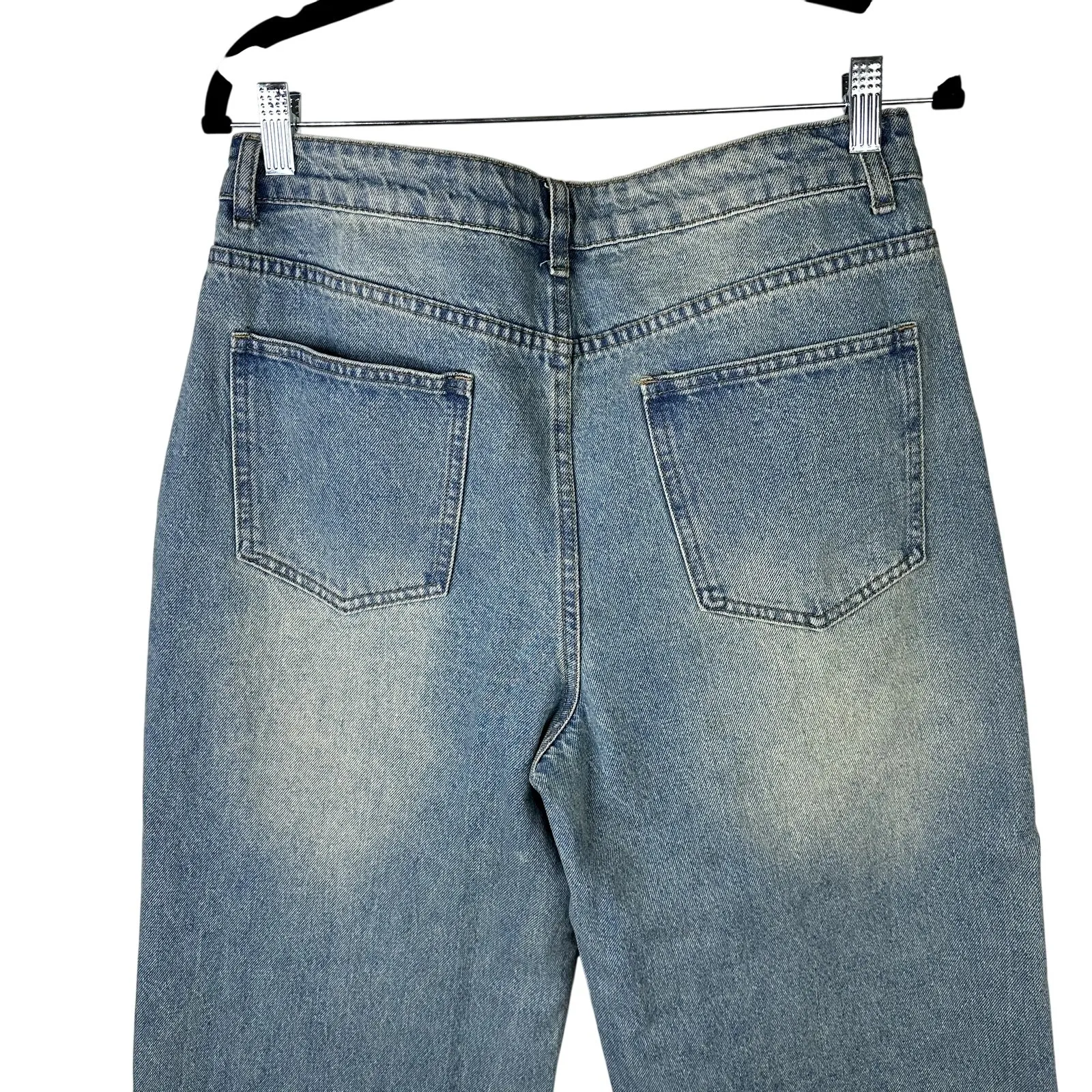 Edikted Faded High Waist Baggy Frayed Hem Low-Slung Wide Leg Denim Jeans Medium - Image 7