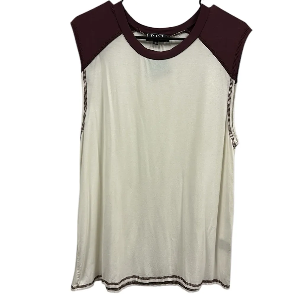 Pol Cap Sleeve 2 Tone Burgundy Cream Comfortable Jersey Top Shirt Womens Small - Image 6