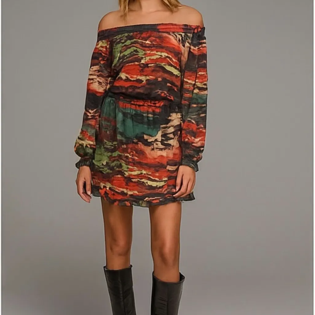 NEW R Cinco Ranch Off Shoulder Abstract Print Elastic Waist Dress S Boho Red - Image 15