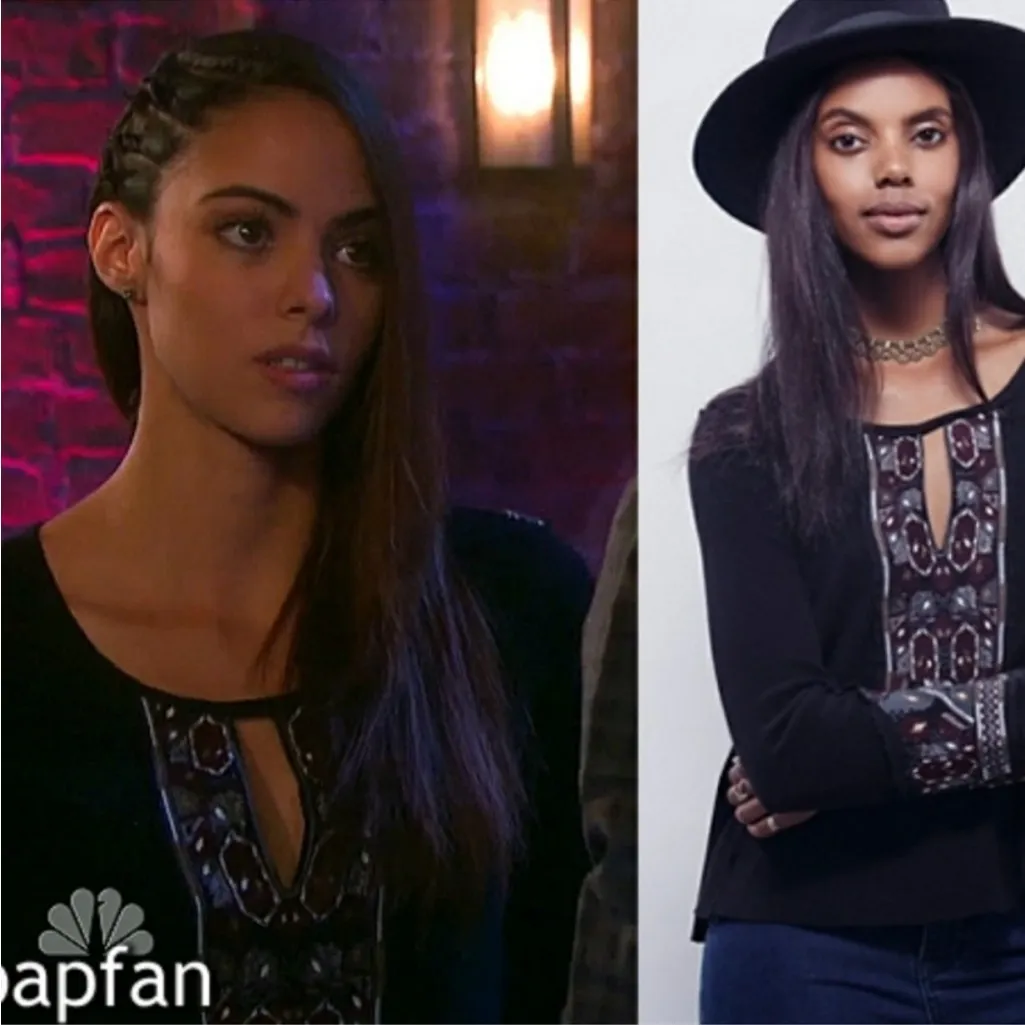 Free People X Marion Embroidered Thermal Waffle Knit Long Sleeve Cuff Top Black - Image 7