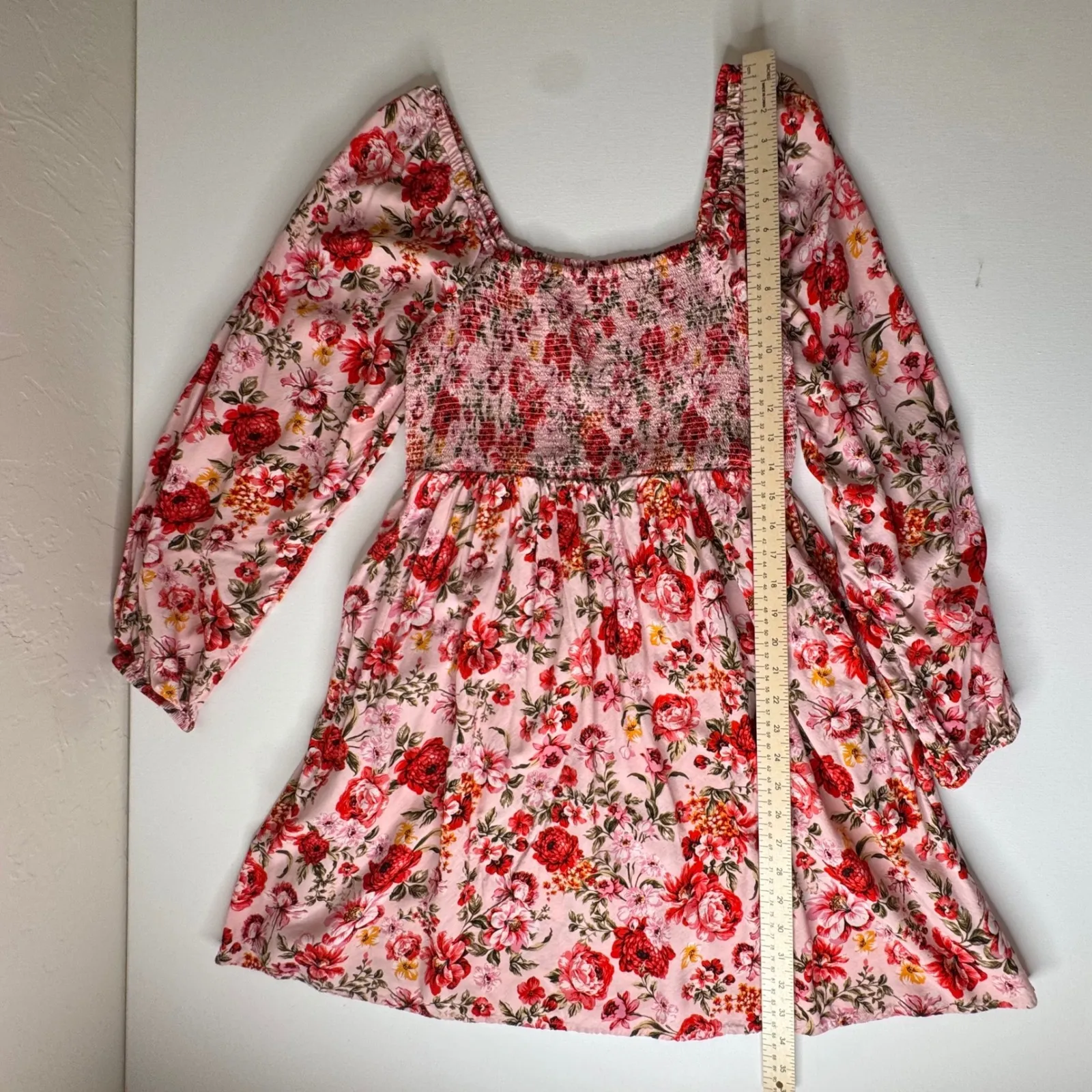 Old Navy Pink Floral Smocked Square‎ Neck Mini Dress Large Sundress Cottage Boho - Image 9