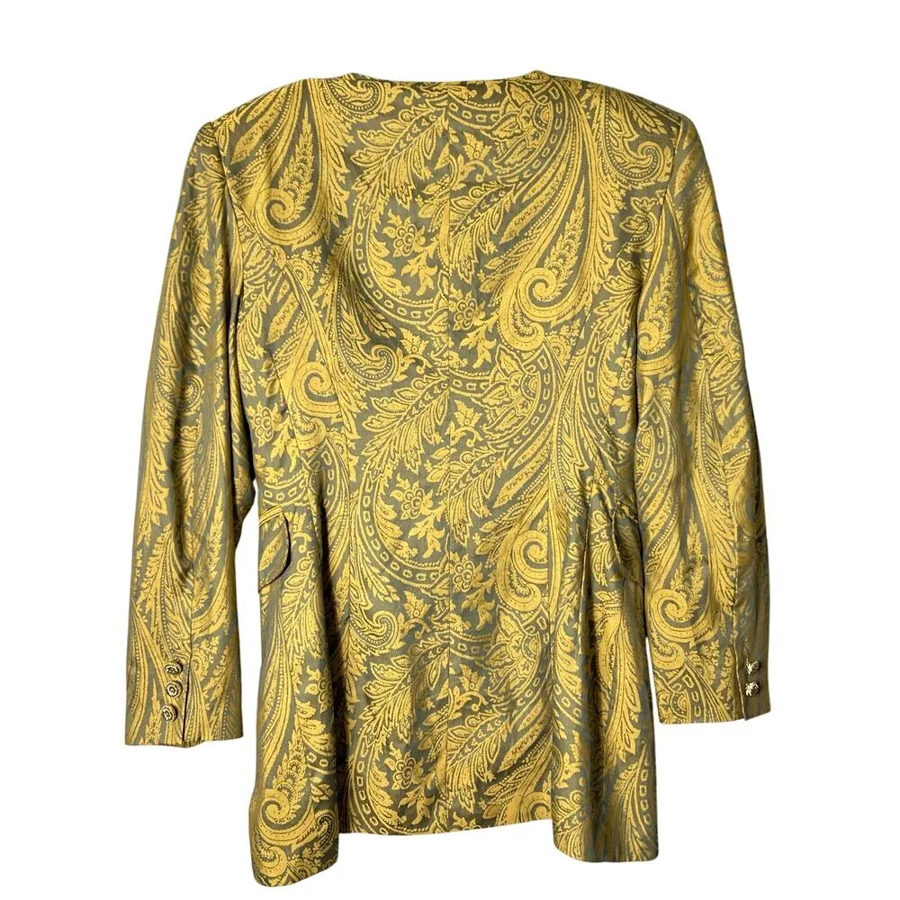 Vintage New Rora Blazer Womens 9 Yellow Green Paisley Print Long Sleeve Jacquard Size undefined - Image 2