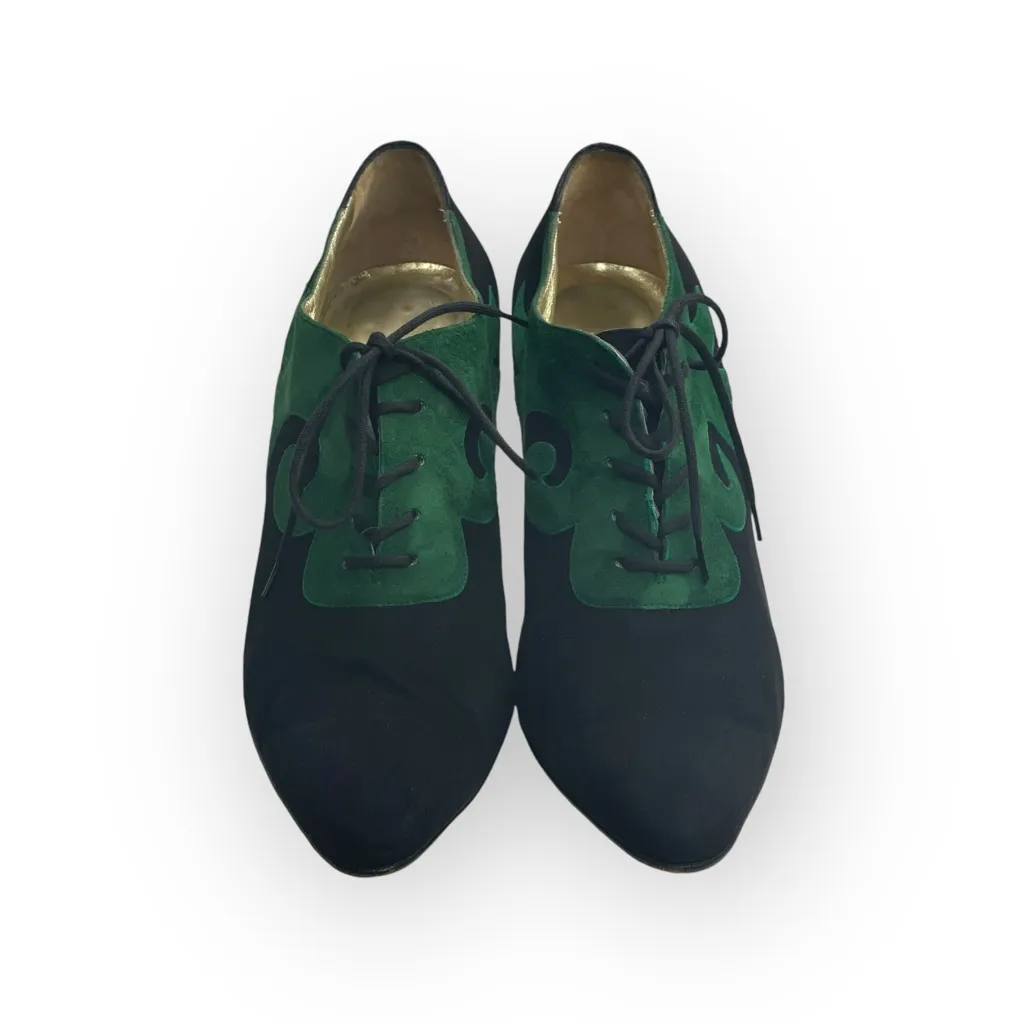 Vintage: Escada 𒀭 Lace Up Granny Heeled Ankle Booties 𒀭Black + Green Suede 𒀭9 Black - Image 8