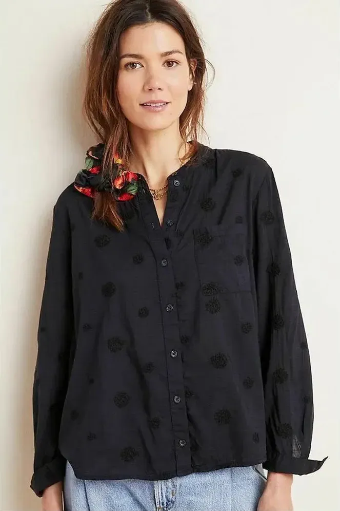 Pilcro and The Letterpress Women's Small Black Whitney Trapeze Button Down Top - Image 1