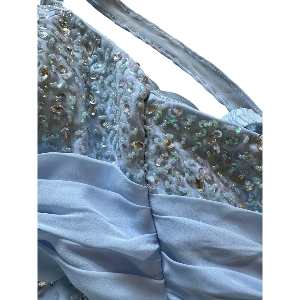 JJ's House 2Pc Formal Gown Open Jacket Beaded Bust Padded Bra Boning Train READ Blue Size L - Image 15