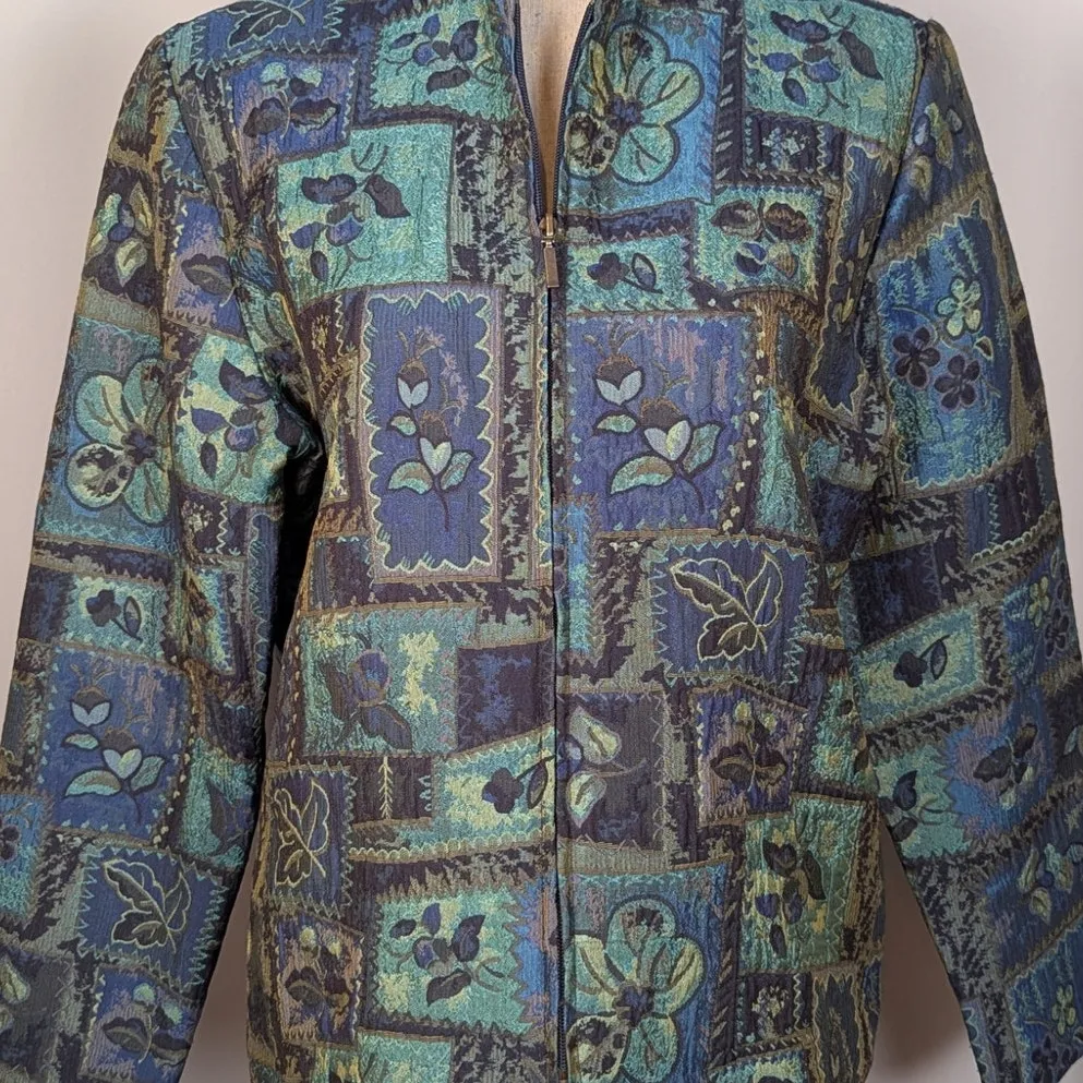 Vintage 90s Coldwater Creek Floral Tapestry Jacket Blue Green Zip Up - Image 12