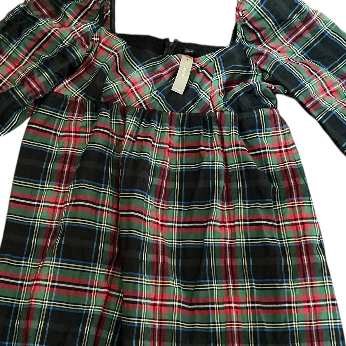 J. Crew Plaid Square Neck Smocked Puff Sleeve Dress Size 20 Black Red Green - Image 3