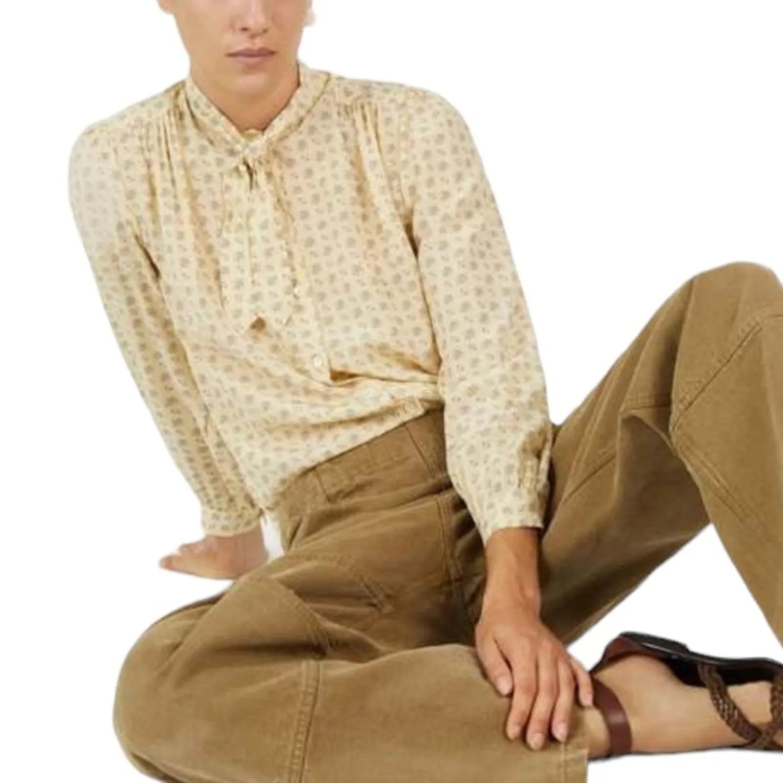 Masscob Blouse Silk Green Floral Button Front Tie Neck Size XS - Image 8