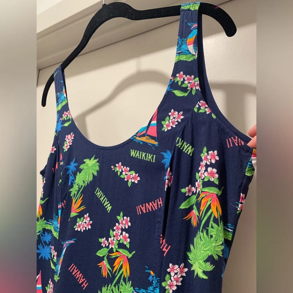 Waikiki Hawaii Navy Blue Hawaiian Floral Print Mini Tank Dress - S - Image 6