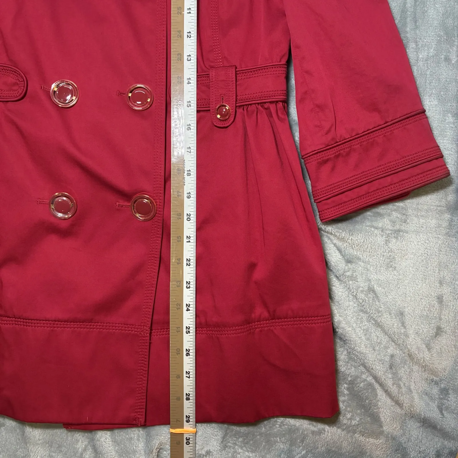 Y2K Juicy Couture Red Double Breasted Trench Coat 3/4 Sleeve Gold Buttons Size S - Image 10